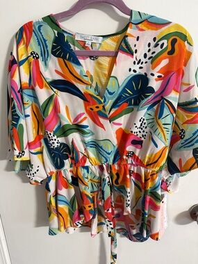 Sweet Rain Vibrant Multicolor V-Neck Drawstring Peplum Blouse